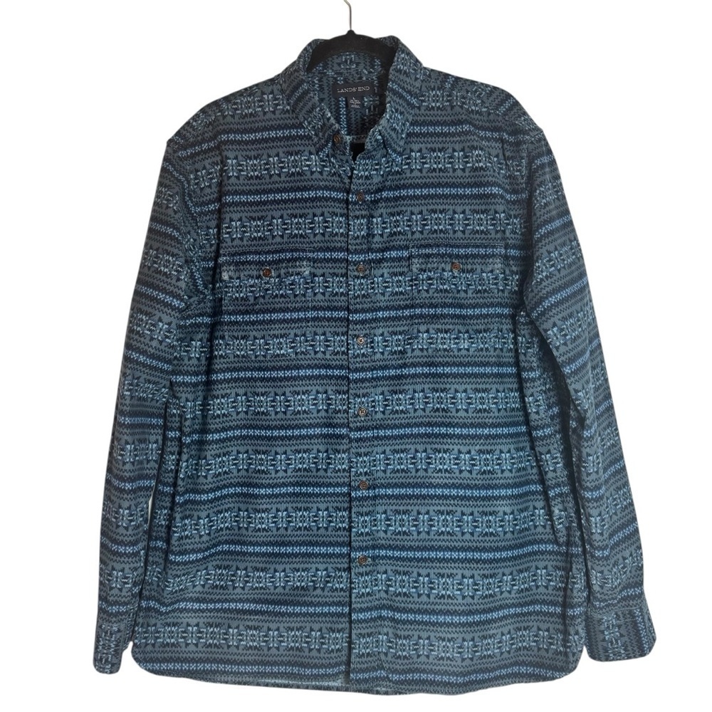 Lands’ End Men's Blue Southwest Patterned Large Button Down Corduroy Shirt